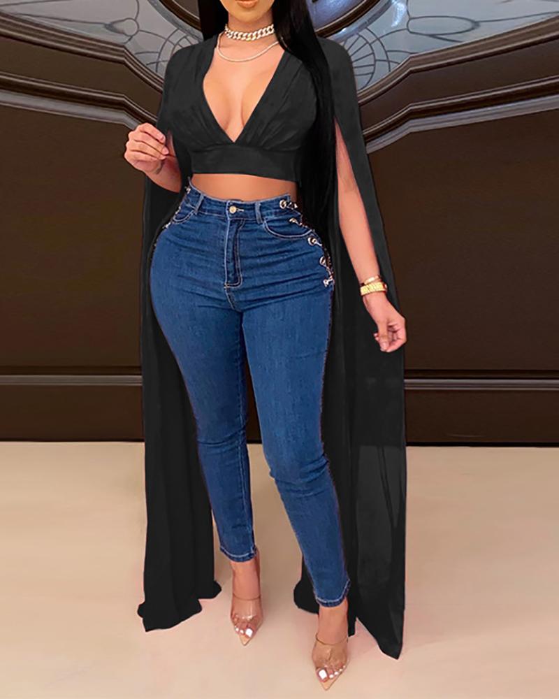 

Plunge Plain Dip Hem Skinny Top, Black