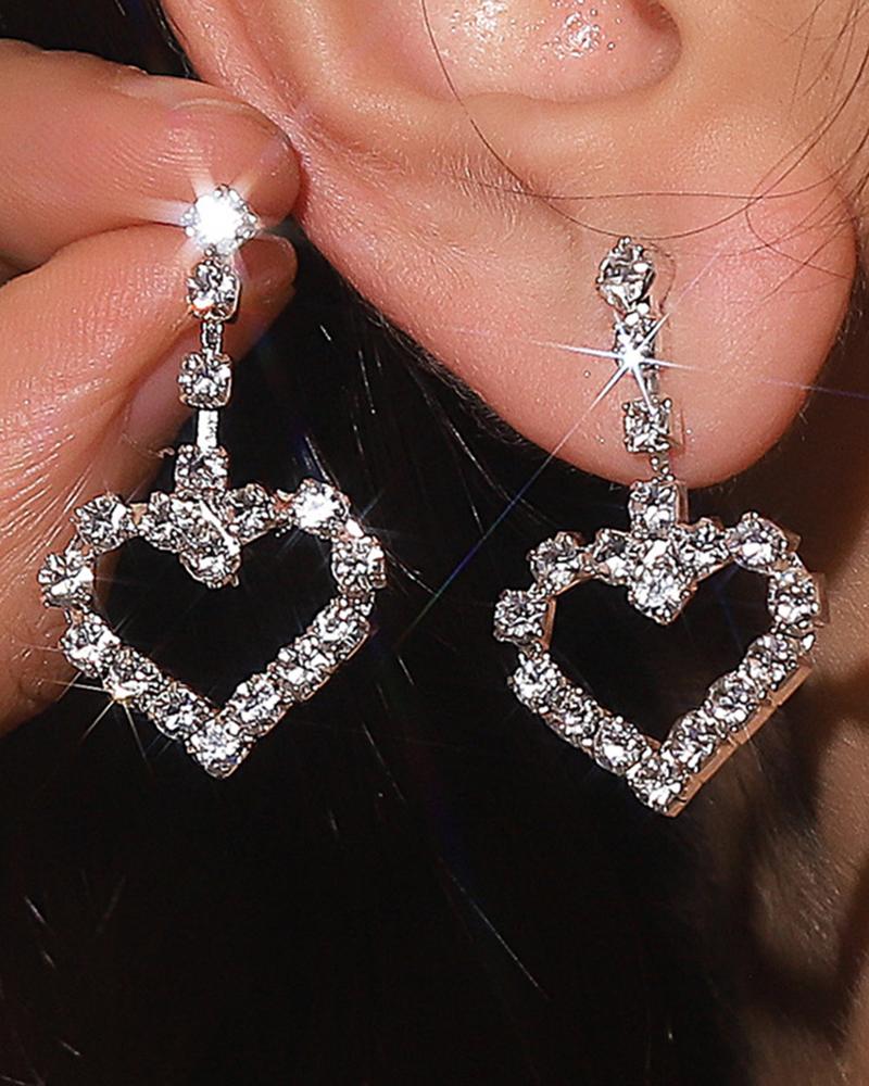 

1Pair Rhinestone Hollow Heart Drop Earrings, Silver