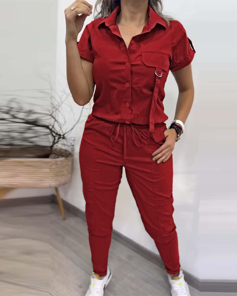 

Conjunto de blusa de manga curta abotoada e calça skinny com cordão, Red