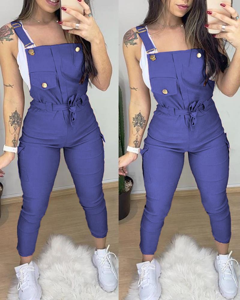 

Pocket Design Plain Suspender Jumpsuit, Blue