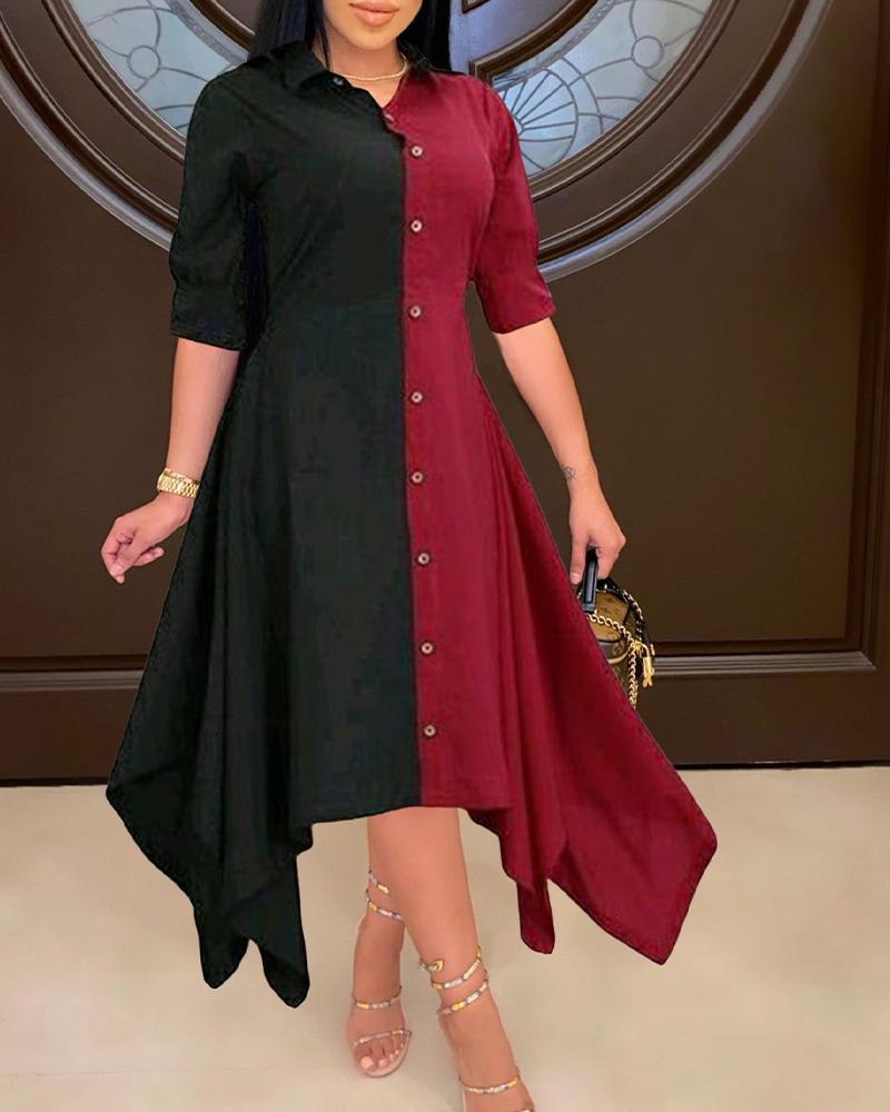 

Colorblock Asymmetrical Hem Button Up Shirt Dress, Wine red