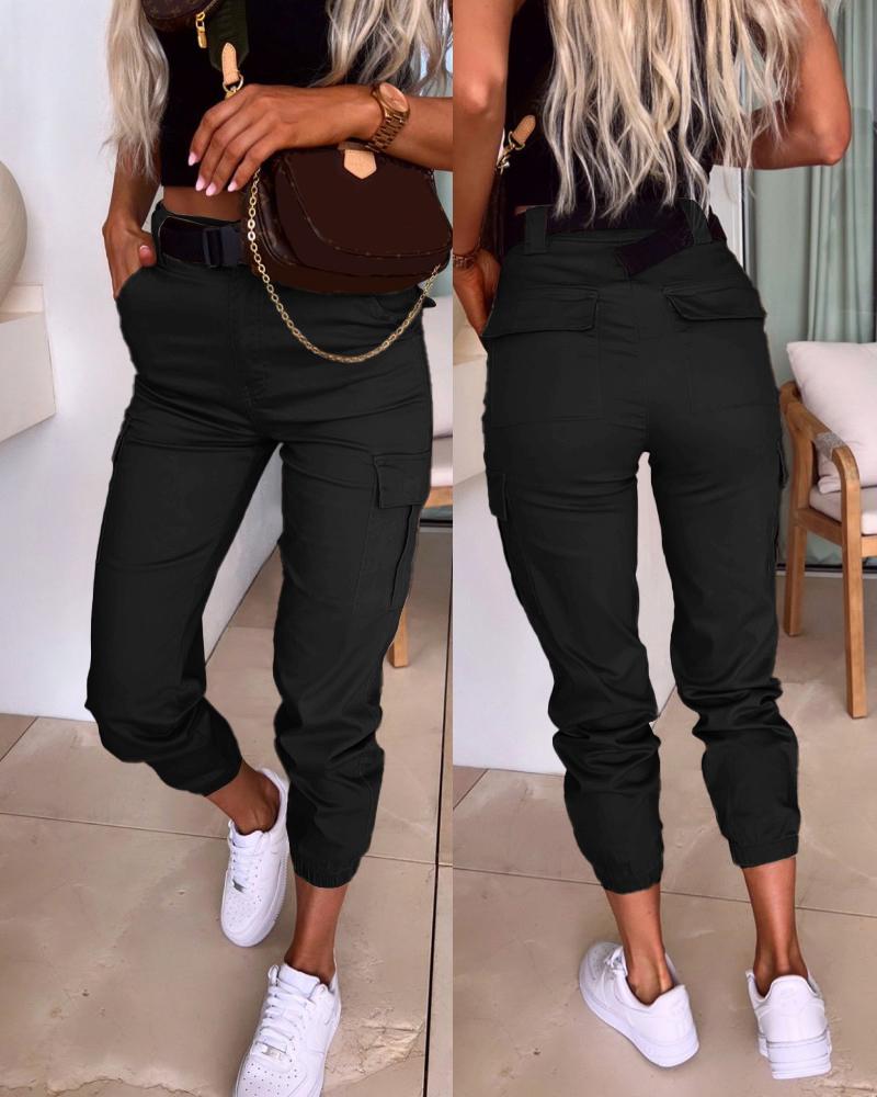

High Waist Pocket Design Cuffed Pants, Black