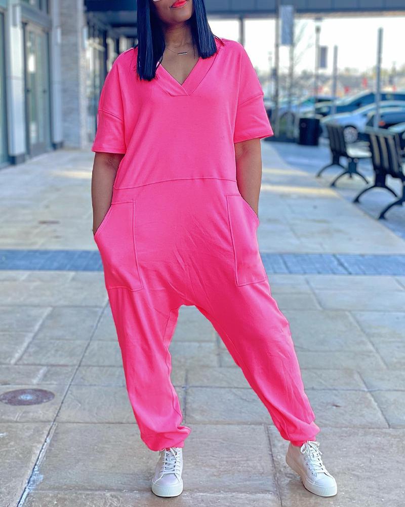 

Short Sleeve Pocket Design V-Neck Jumpsuit, Pink