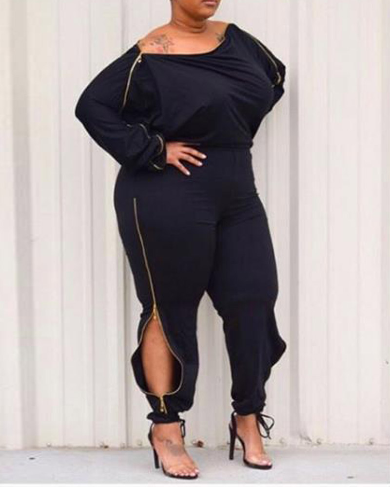 

Plus Size Zip Detail Off Shoulder Jumpsuit, Black