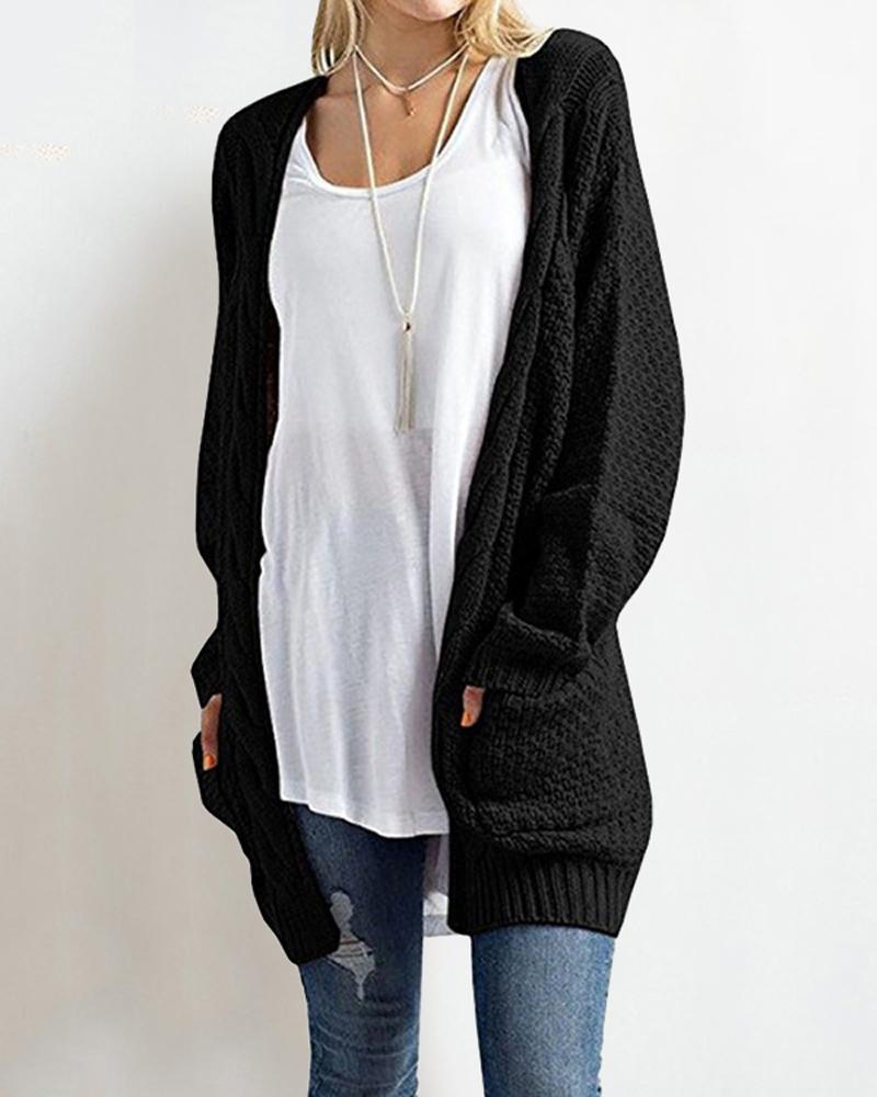 

Plus Size Long Sleeve Open Front Cable Knit Cardigan, Black
