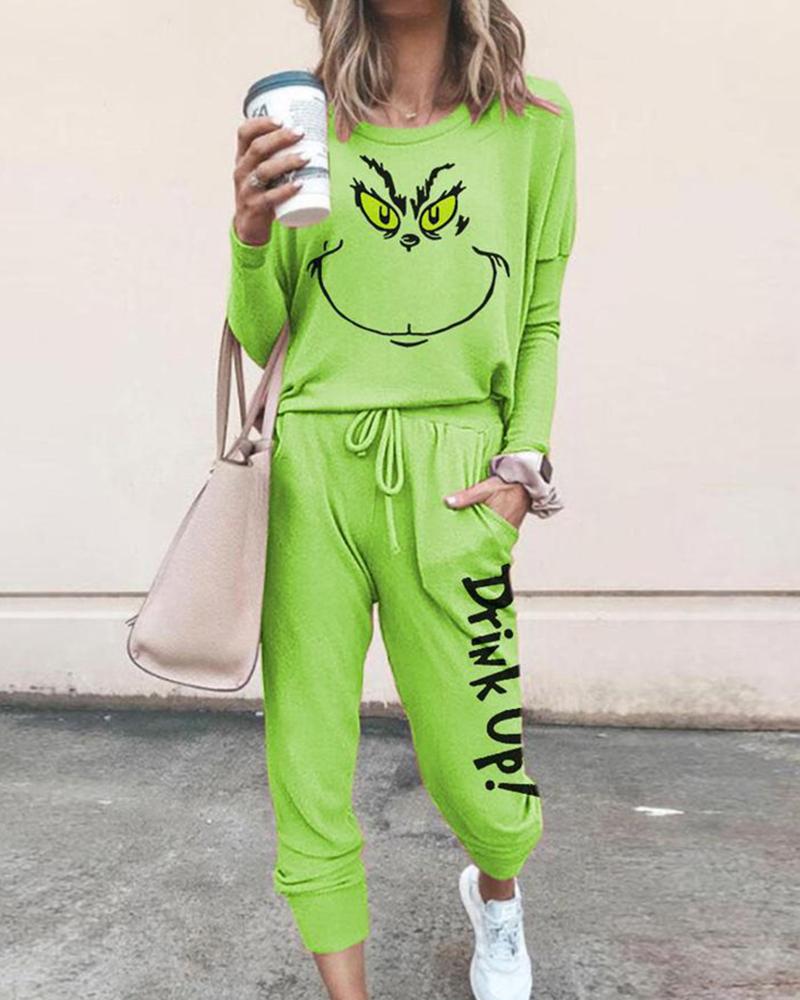 

Christmas Grinches Print Gigot Sleeve Sweatshirt & Pants Set, Green