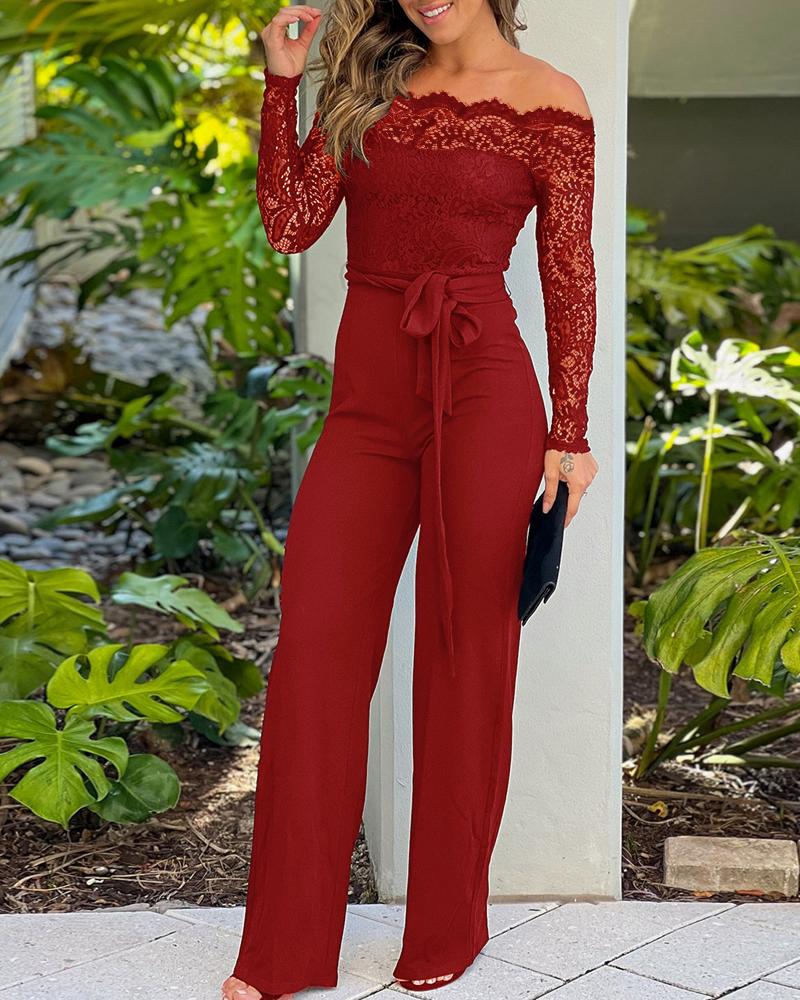 

Off Shoulder Long Sleeve Eyelash Lace Patch Slim Fit Jumpsuit Tied Detail Casual Overalls, Wine red