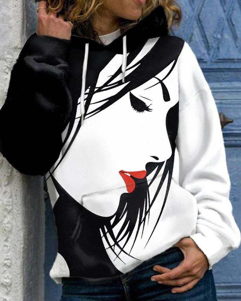 

Abstract Figure Print Long Sleeve Hoodie, Blackwhite