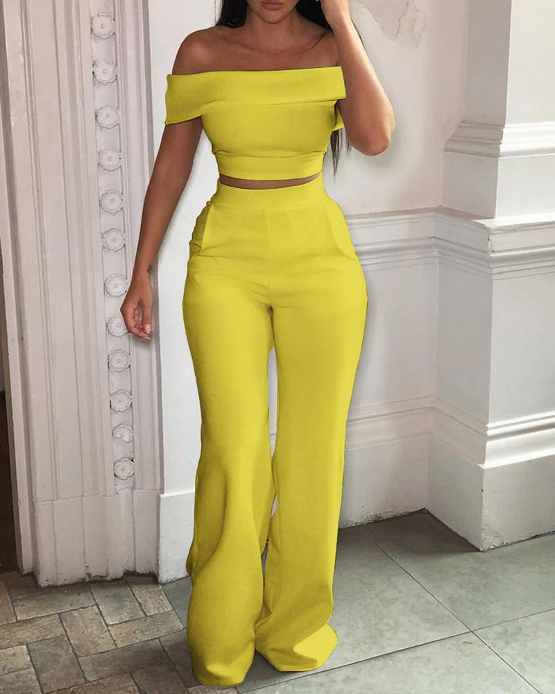 

Off Shoulder Short Sleeve Crop Top & High Waist Pants Set, Yellow