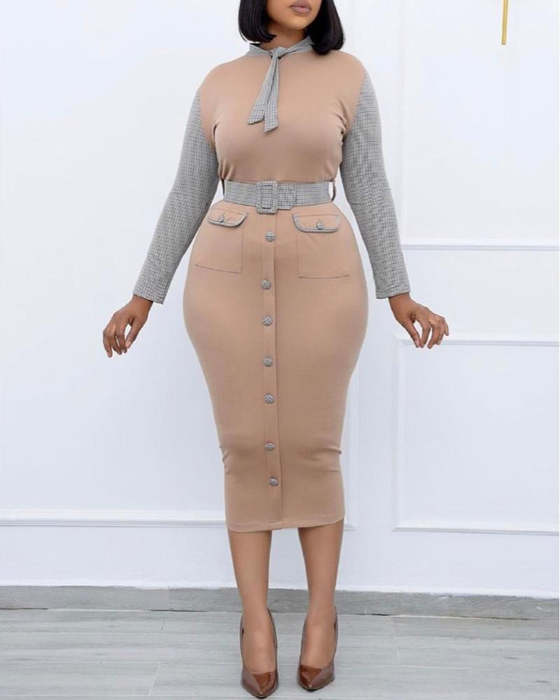 

Plus Size Plaid Print Colorblock Buttoned Work Dress, Beige