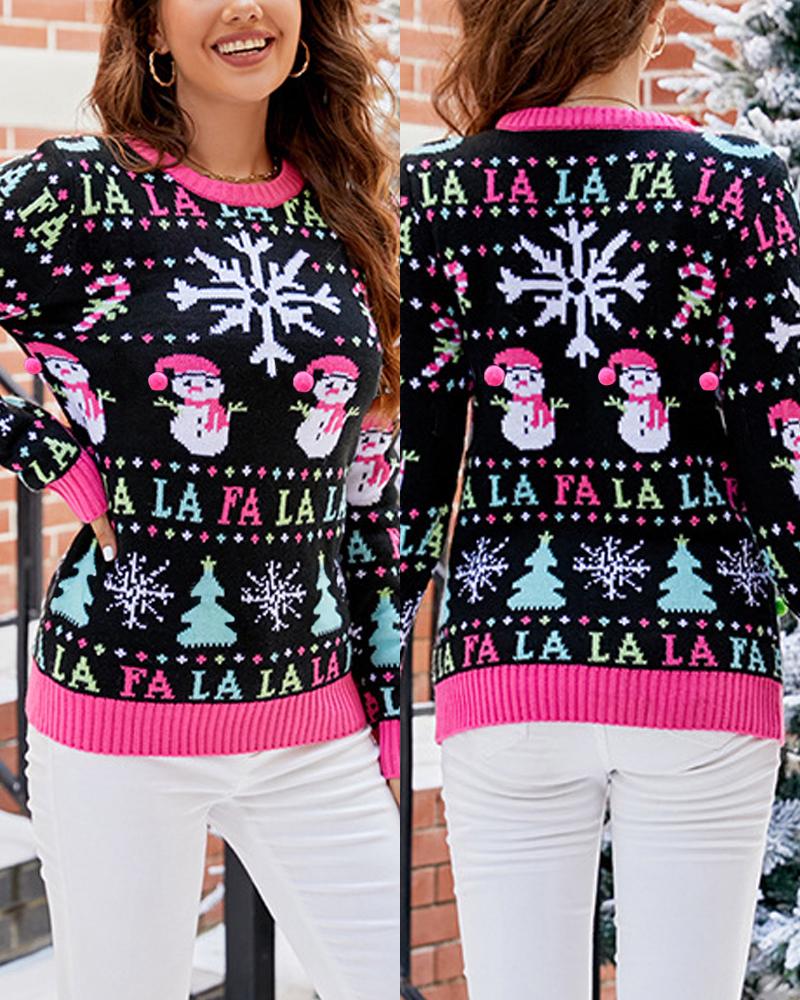 

Christmas Tree Snowman Snowflake Pattern Crew Neck Sweater, Multicolor