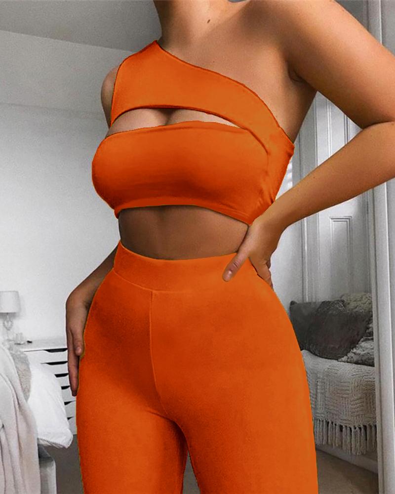 

One Shoulder Cutout Front Tank Top & Shorts Set, Orange