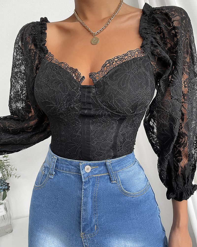 

Crochet Lace Frill Hem Corset V Neck Top, Black