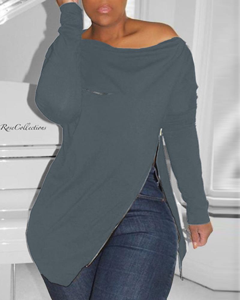 

Zipper Design Cold Shoulder Slit Sweatshirt, Gray