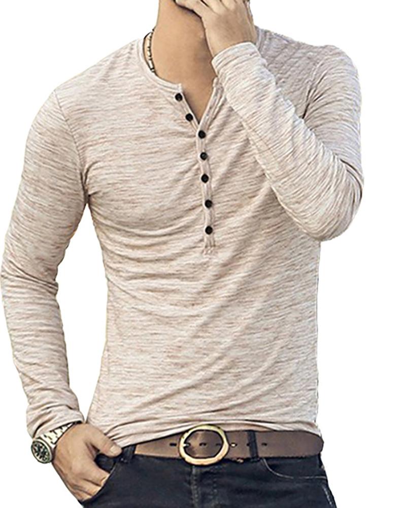 

Men Plain Button Design Long Sleeve Top, Khaki