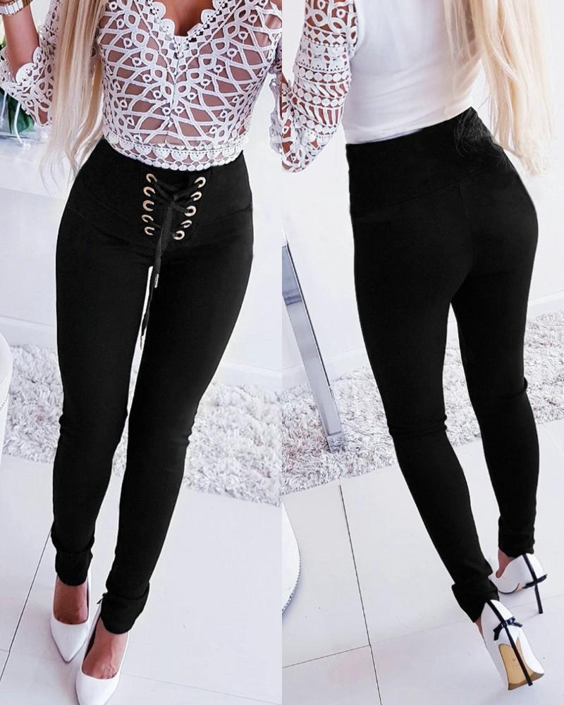 

High Waist Eyelet Lace-up Pants, Black