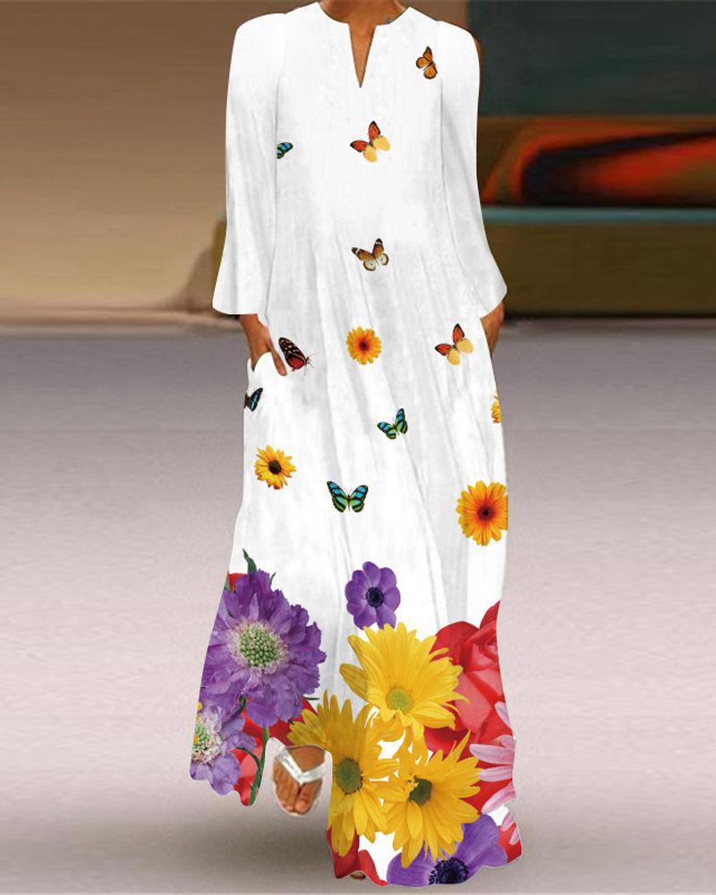 

Butterfly Floral Print Long Sleeve Maxi Dress, White