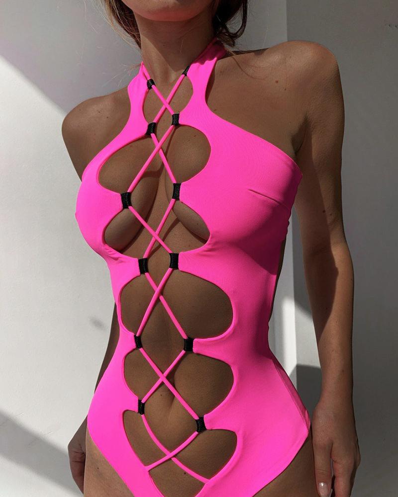 

Lace Up Cutout Halter One Piece Swimsuit, Pink