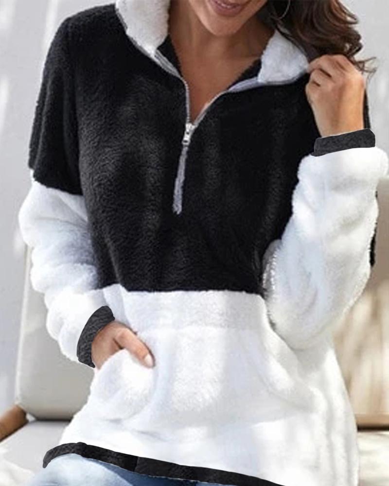 

Color Block Zipper Front Teddy Sweatshirt, Black