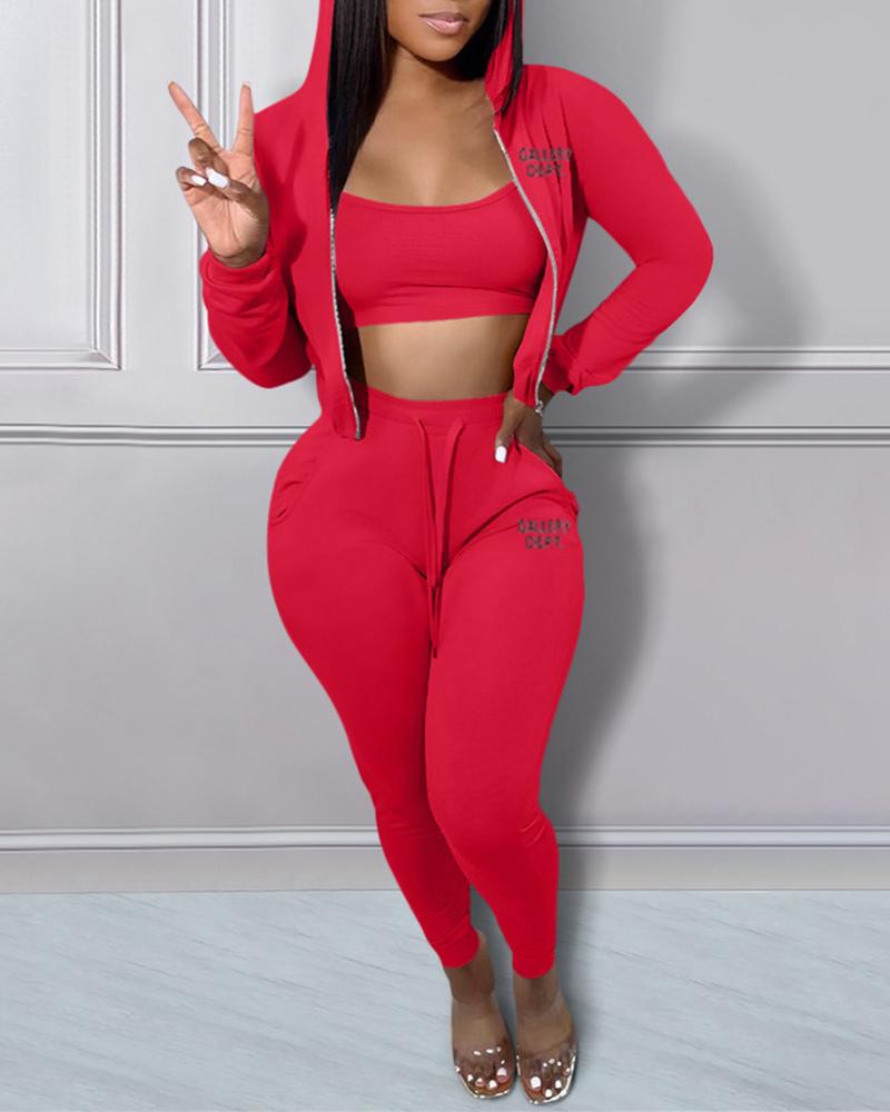 

Zipper Design Hoodie & High Waist Pants Set With Bralette, Red