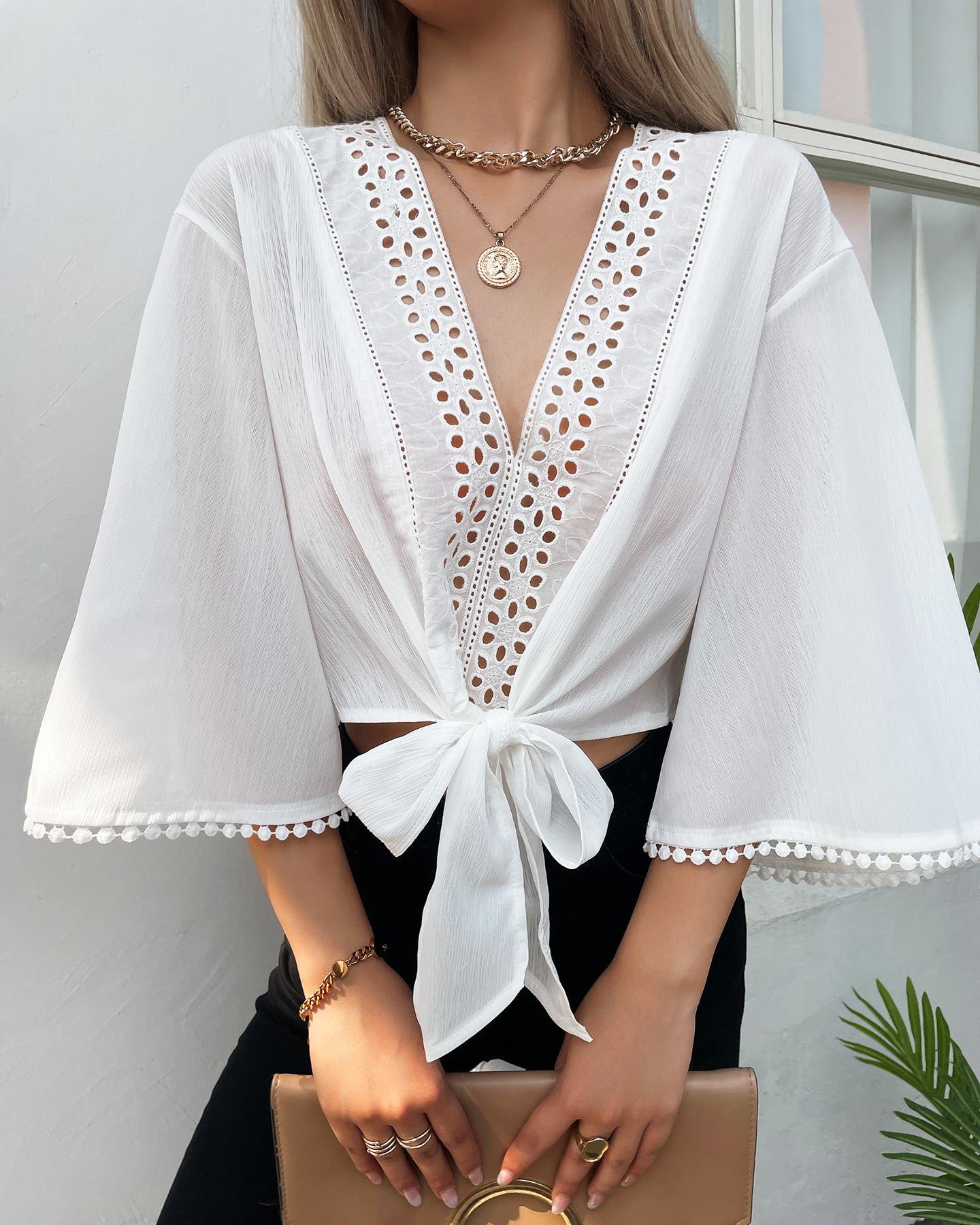 

Eyelet Embroidery Bell Sleeve Blouse, White