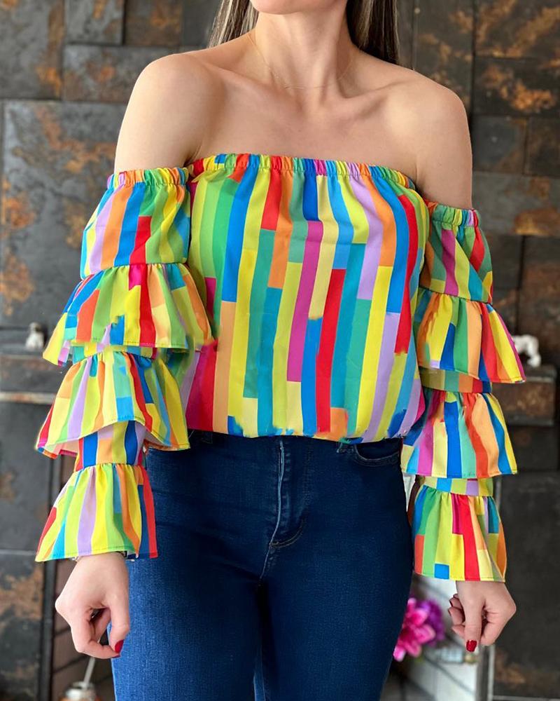 

Geometric Print Off Shoulder Layered Sleeve Top, Multicolor