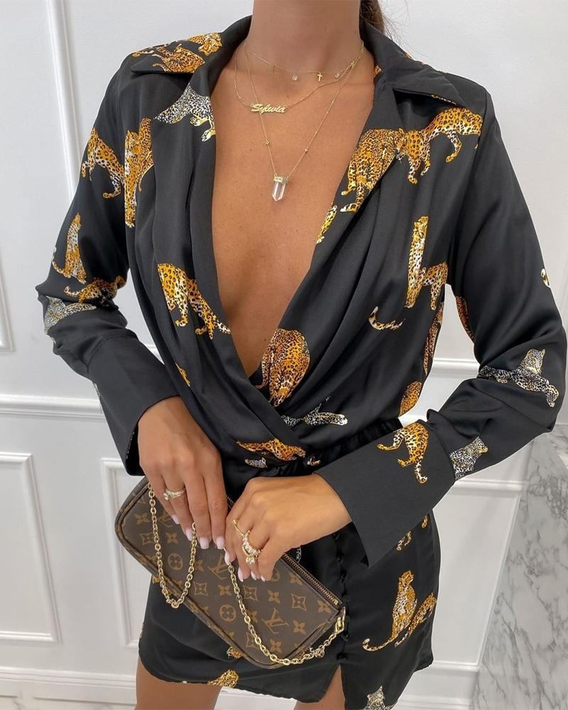 

Animal Print Plunge Button Design Shirt Dress, Black