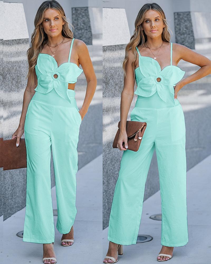 

Floral Pattern Hollow Out Pocket Design Jumpsuit, Light green