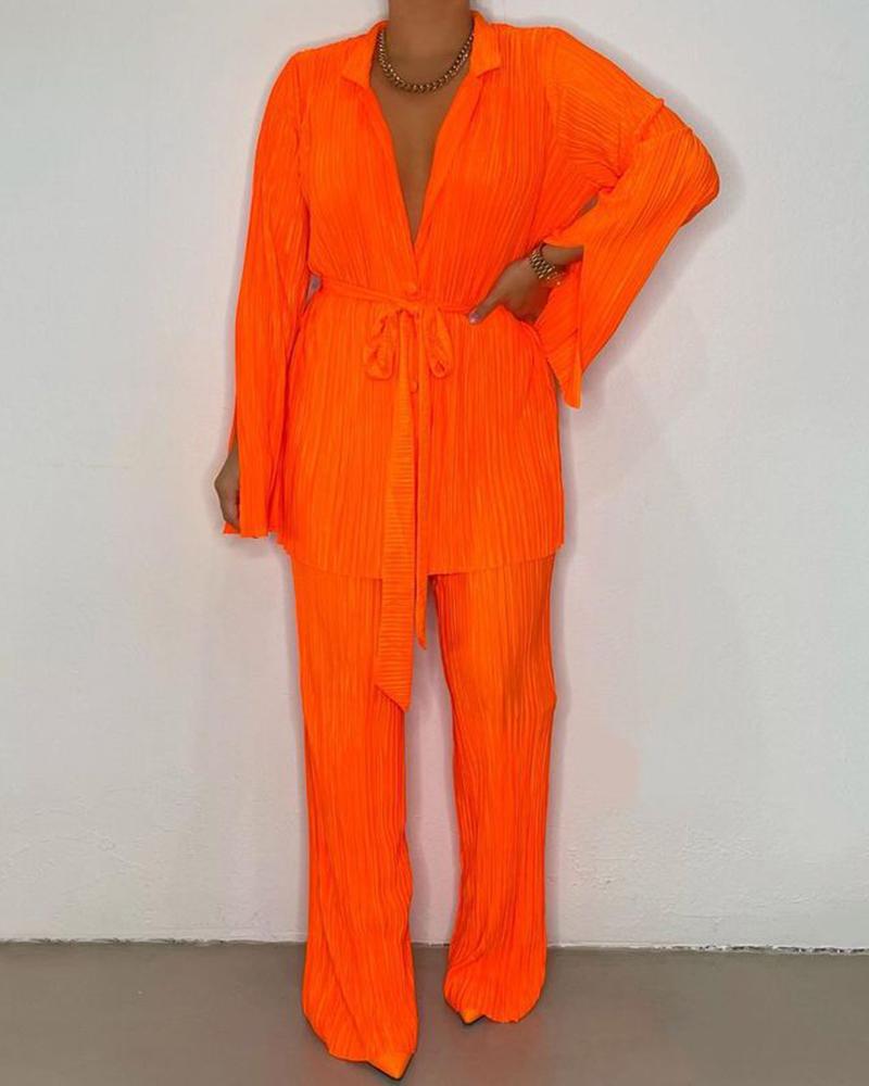 

Ruched Slit Tied Detail Top & Wide Leg Pants Set, Orange
