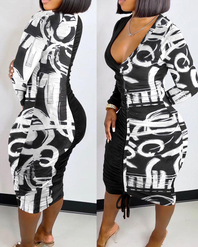 

Abstract Geo Print Drawstring Ruched Bodycon Dress, Blackwhite