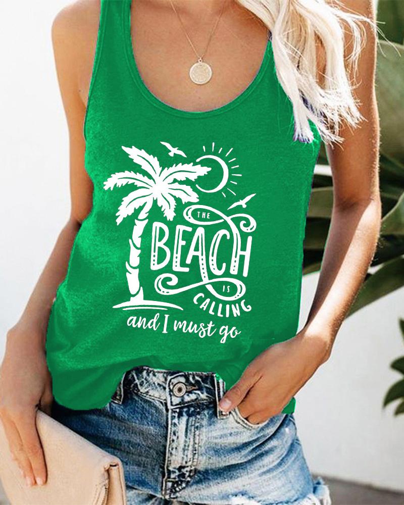 

Coconut Tree Letter Print Graphic Tee Summer Beach Vest Tank Top, Green