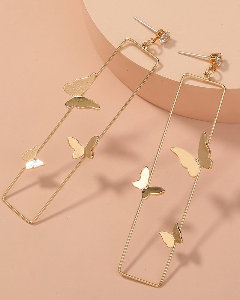

Rectangle Shaped Butterfly Pattern Drop Earrings, Gold