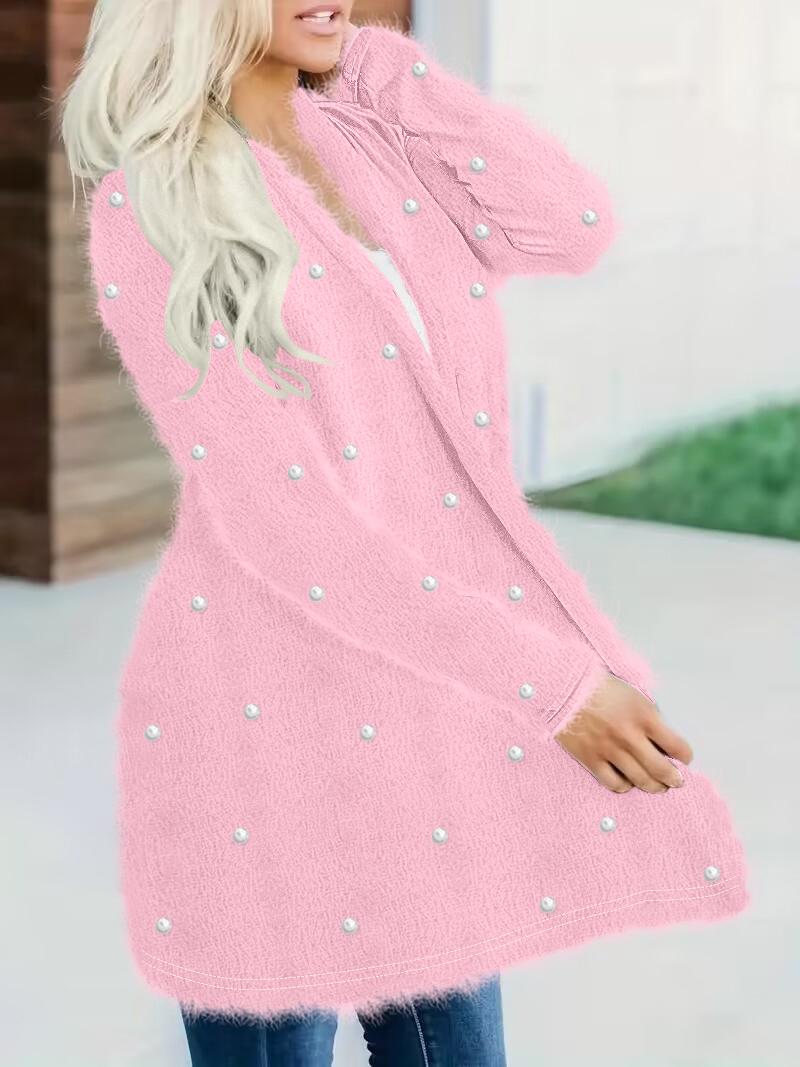 

Pearls Studded Open Front Fuzzy Coat, Pink