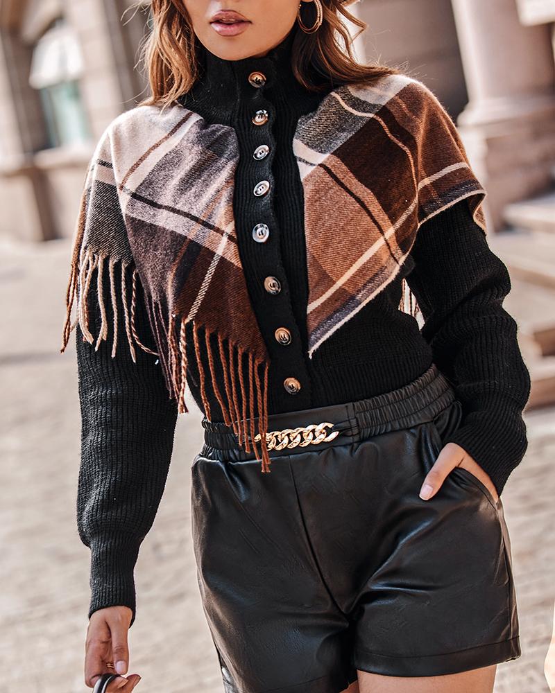 

Argyle Print Tassel Detail High Neck Fake Two-piece Cardigan, Black