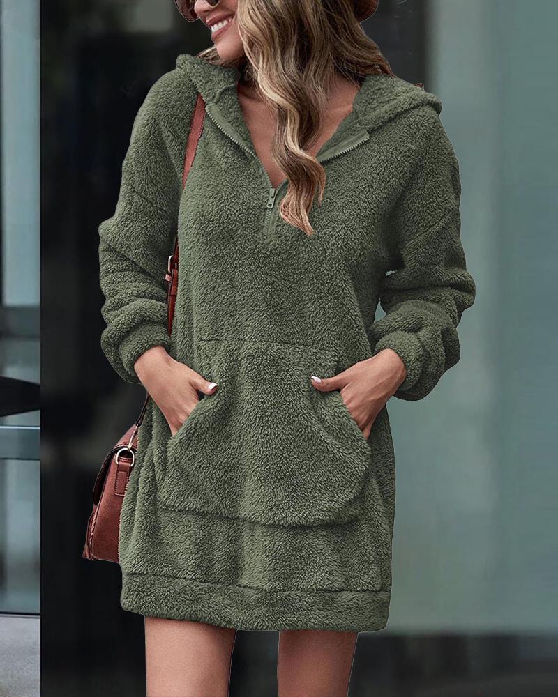 

Long Sleeve Pocket Detail Zip Front Fluffy Hoodie, Green