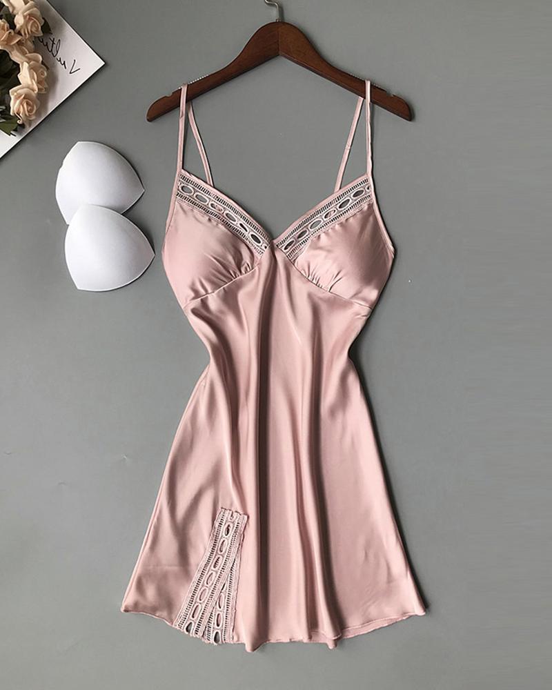 

Lace Hollow Out Satin Padded Babydoll, Pink