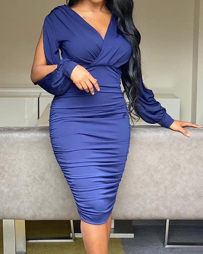 

Plus Size Plain Cutout Ruched Wrap Bodycon Dress, Dark blue