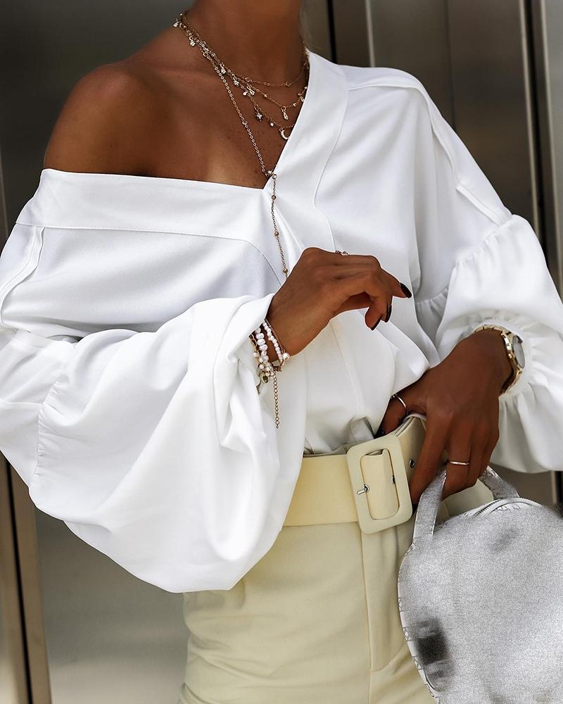 

V-Neck Lantern Sleeve Drop Shoulder Top, White