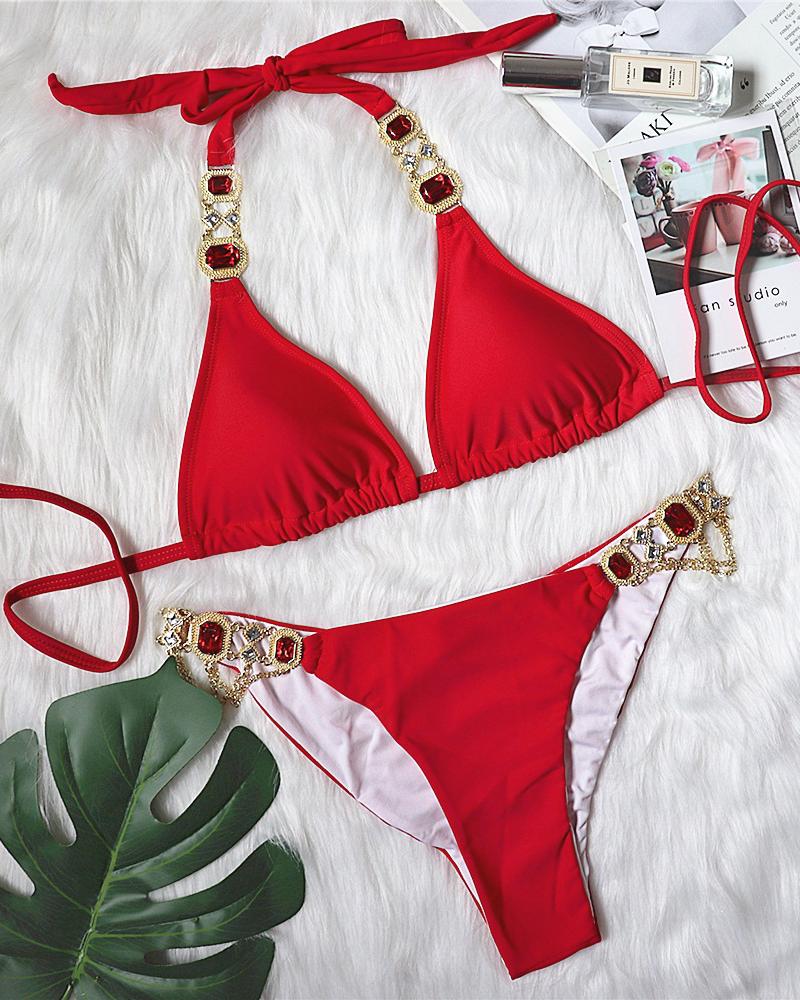 

Rhinestone Chain Decor Tied Detail Bikini Set, Red