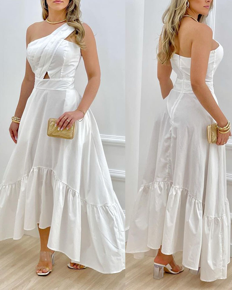 

One Shoulder Ruffle Hem Maxi Dress, White