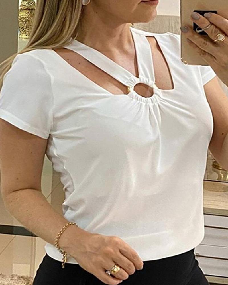

O-Ring Cutout Front Short Sleeve Casual T-shirt, White