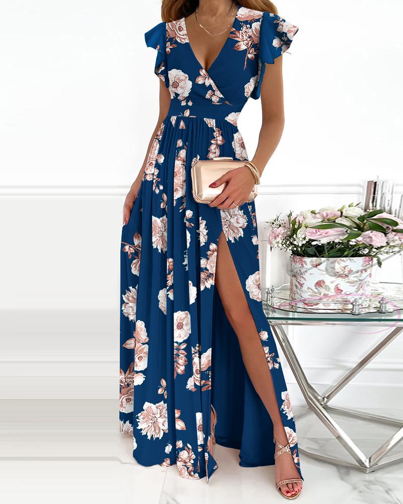 

Floral Print V-Neck Flutter Sleeve Split Thigh Maxi Dress, Blue