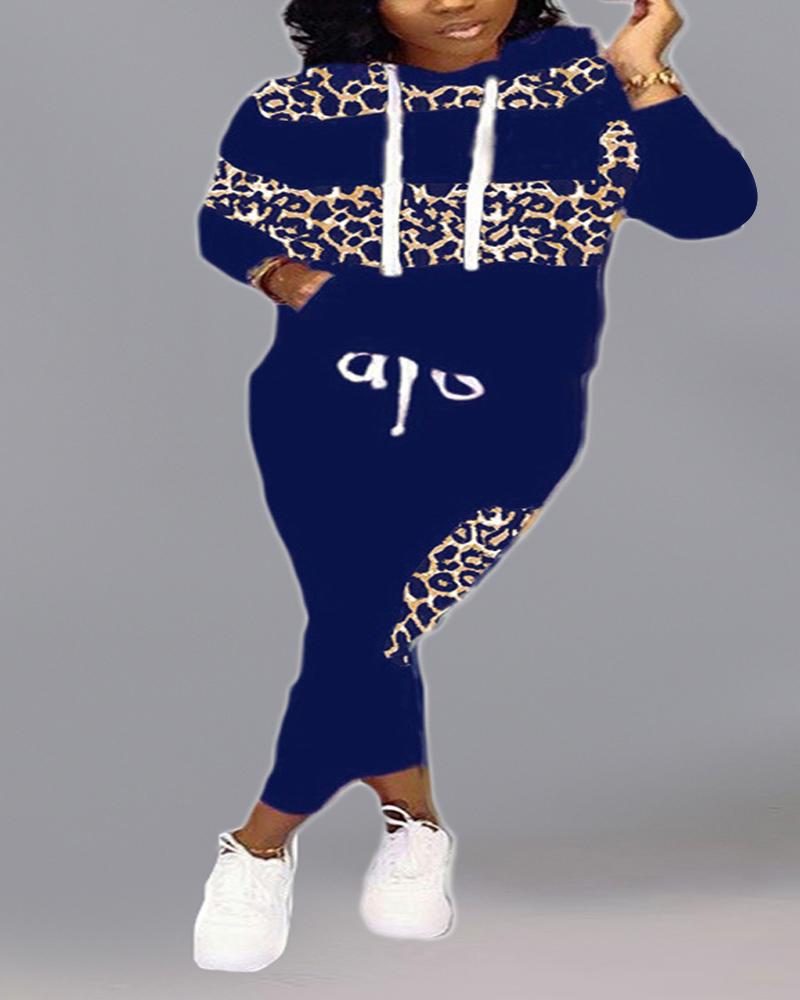 

Plus Size Leopard Print Long Sleeve Hoodie & Pants Set, Blue