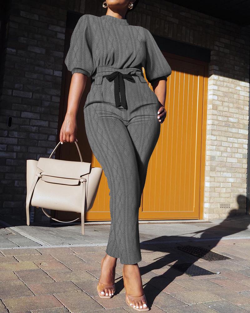 

Tied Detail Cable Textured Jumpsuit, Black