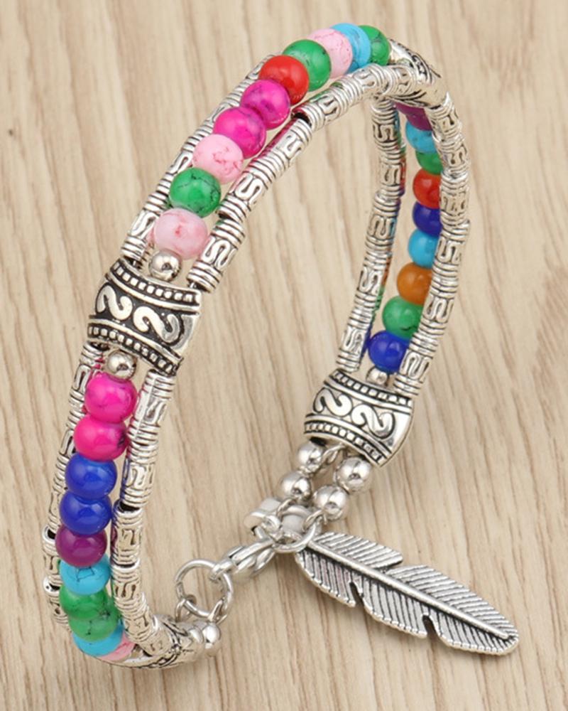 

1pc Bohemian Feather Pattern Hollow Out Turquoise Beaded Bracelet, Multicolor