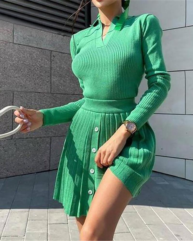 

Long Sleeve Knit Top & Pleated Skirt Set, Green