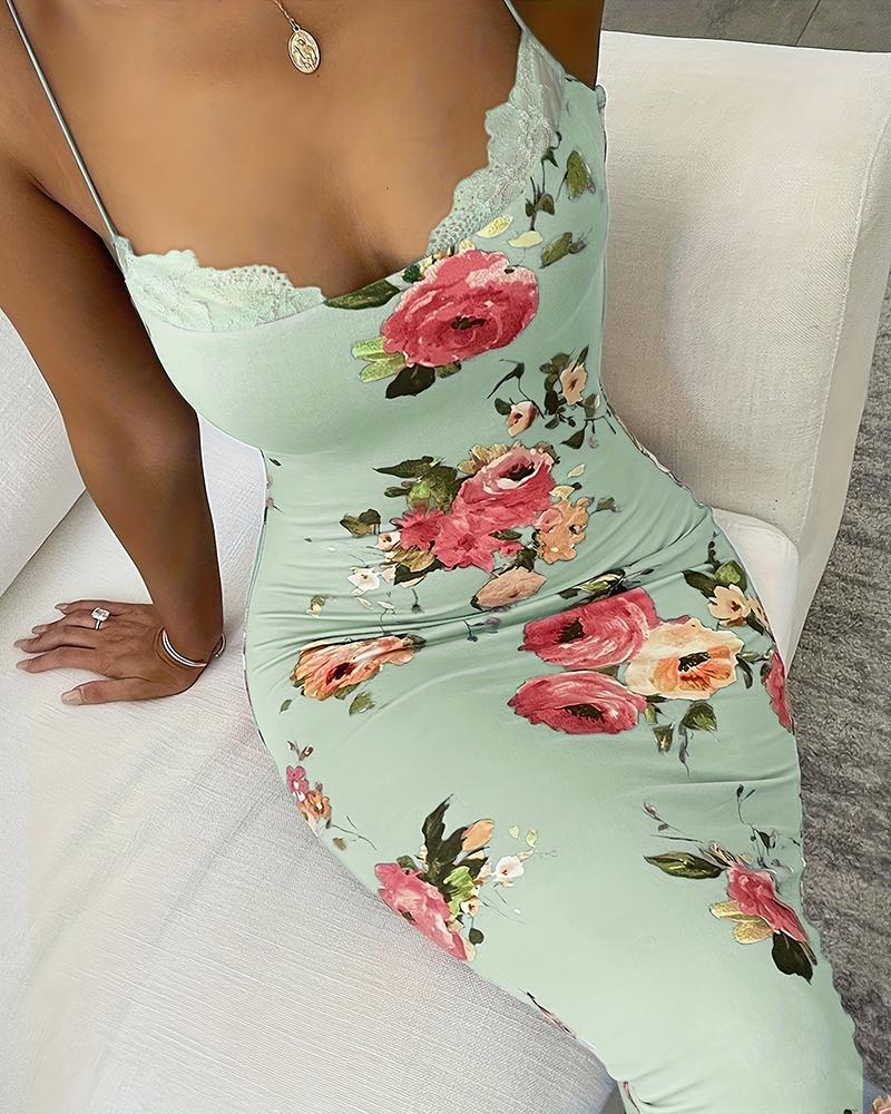 

Vestido estampado floral com alça espaguete com guarnição de renda, Light green