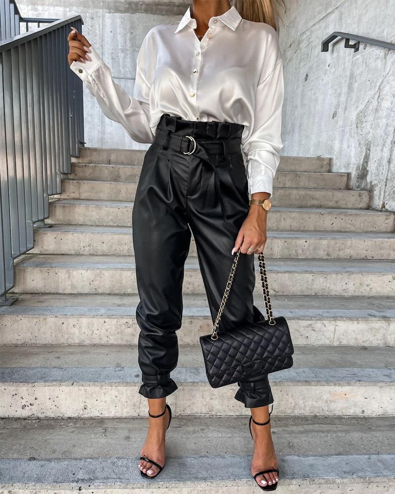 

PU Leather High Waist Belted Pants, Black