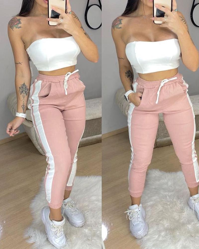 

Bandeau Crop Top & Striped Tape Drawstring Pants Set, Pink