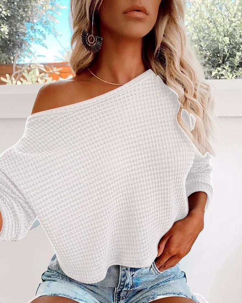 

Solid Long Sleeve Casual Knit Sweater, White